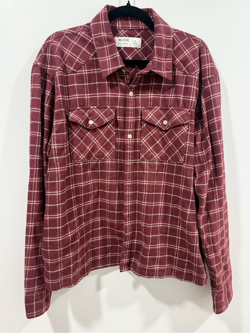 Hollister Boxy Cropped Burgundy Plaid Button-Down Shirt Cotton XL